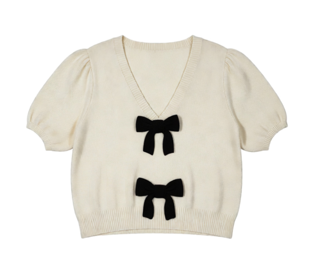 Lalavon V-Neck Bow Sweater Top Size L White Puff Sleeve